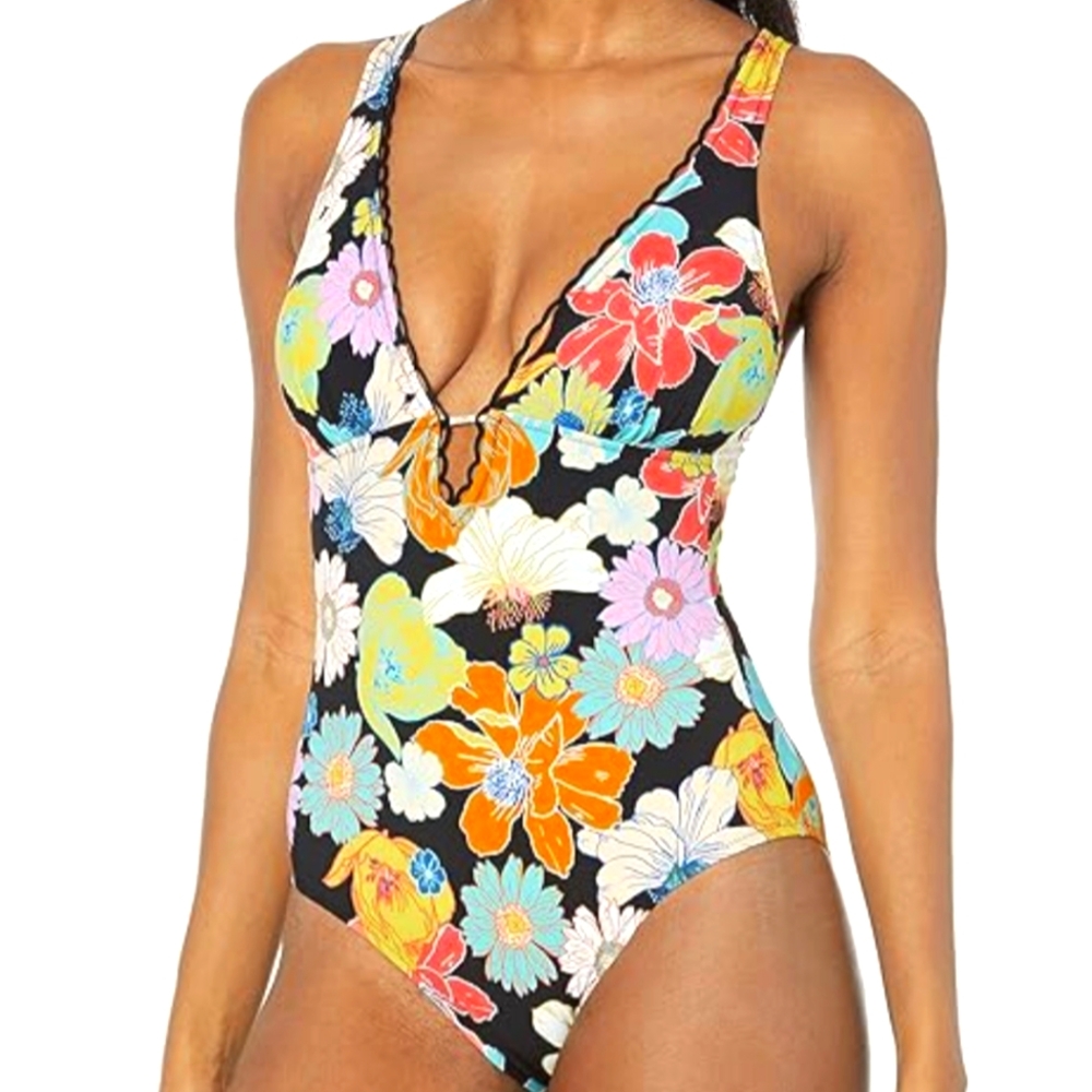 Profile By Gottex Floral One Piece Swimsuit - Black, Orange, Blue